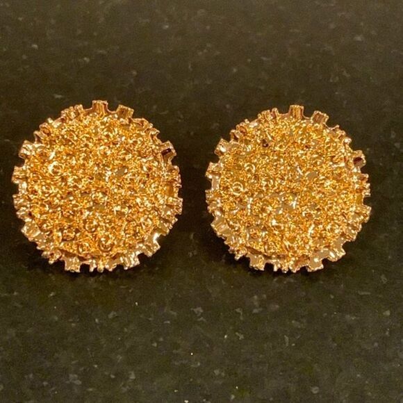 18k Gold Plated Soleil Textured Earrings, Round Sun Luna Coin Flower Studs, Gift - Picture 3 of 11